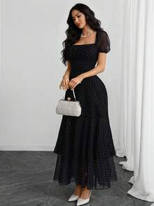 女士法式方领泡泡袖浪漫性感优雅现代波点印花领腰双开衩下摆多层连衣裙，适合约会、度假和日常生活 - 黑色 - 查看 4