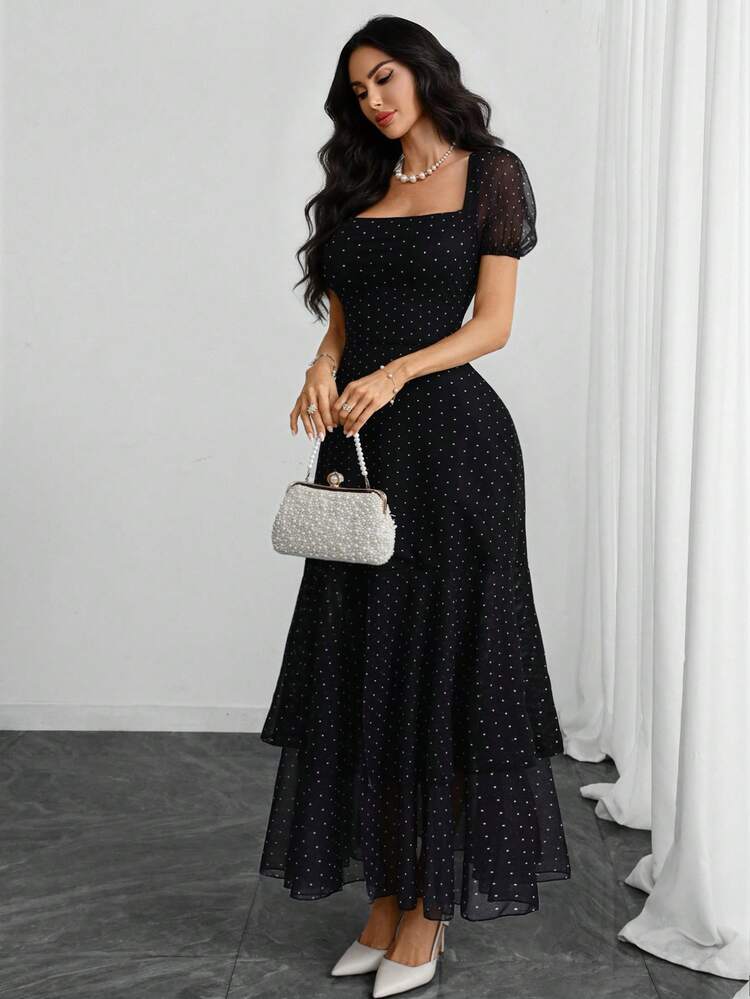 Vestido de mujer de cuello cuadrado francés, manga abullonada, romántico, sexy, elegante, moderno, con estampado de lunares, cuello, cintura y dobladillo con doble abertura, multicapa, adecuado para citas, vacaciones y vida diaria, color negro de verano - Negro - Añade 4