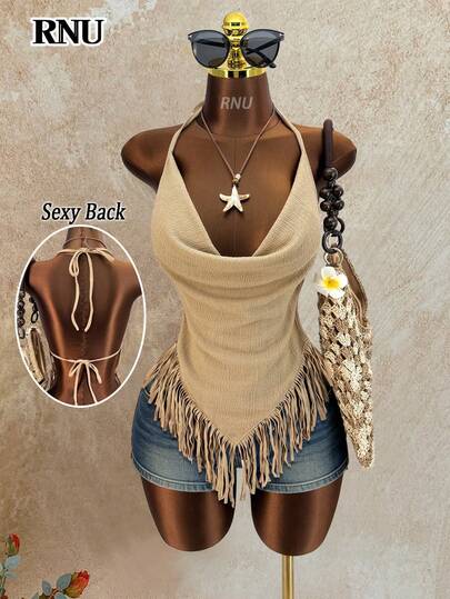 RNU Camiseta sin mangas, sin espalda, con flecos, estilo resort de verano, playa y mar, de alta gama, de color liso, de tejido texturizado, bajo asimétrico, tirantes de punto, cuello halter, camiseta de tirantes