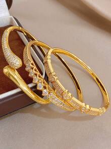 18K Gold Plated Anti-Fading Elegant Heart Sparkling Zirconia Twisted Knot Bangle Bracelet Set, Gifts For Mom, For Daily Wear, Weddings, Suitable For Daily Life, Parties, Dates, Beach, Beach Jewelry, Mother's Day Gift, Valentine's Day Gifts, Spring, Wedding Supplies, Summer Accessories - Multicolor - View 2