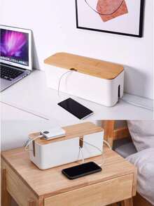 1pc Large Wooden Grain Style Cable Storage Box With Lid, Wooden Grain Cable Management Box, Charging Cable Organizer And Wire Organizer, Desktop Power Cord Management, Power And Charging Cable Storage Box With Cover - Organize Cables, Wires And Various Cords - Space-Saving Desktop Outlet Management, Suitable For Kitchen, Living Room, Bedroom, Office And Dining Room - Multicolor - View 6