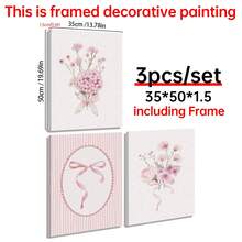 3 peças Impressão em Tela de Arte de Parede Floral com Laço Rosa Fofo sem Moldura, Decoração Minimalista e Estética para Quarto de Meninas, Quarto Infantil, Sala de Jogos, Quarto, Casa Moderna - Multicolorido - Visão 12