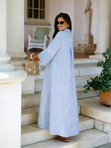 Rochie elegantă cu dungi colorate pentru femei, la modă primăvară/vară, stil casual versatil, potrivită pentru ieșiri zilnice și vacanțe, detaliu contrastant de culoare cu nasturi centrali în față, rochie elegantă evazată, linie A - Albastru regal - Vizualizare 3