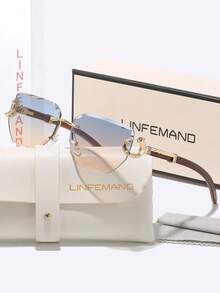 LINFEMAND 女士优雅渐变无框太阳镜，豹纹金属装饰，仿木纹镜腿，通勤旅行百搭时尚太阳镜，节日礼物 - 彩色 - 查看 16