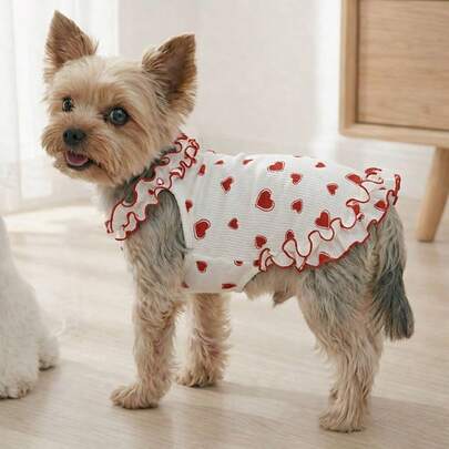 1 chiếc váy trang trí hình trái tim cho thú cưng, áo thun gân nhẹ dễ thương có bèo nhún, phù hợp cho chó nhỏ/vừa, mùa xuân/hè.
