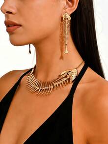 2pcs Punk Style Elegant Gold-Plated Alloy Rhinestone Fish Bone Necklace & Earrings Set, Party, Banquet, Street Fashion Jewelry - Yellow Gold - View 4