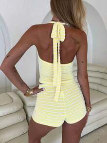 2pcs Knit Stripes Colorblock Resin Decor Hollow Neck Top & Shorts Beachwear Set Summer - Yellow - View 2