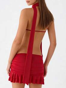Women's Halter Mini Dress Summer Fashionable Solid Color Sleeveless Backless Ruffle Hem Dress - Red - View 3