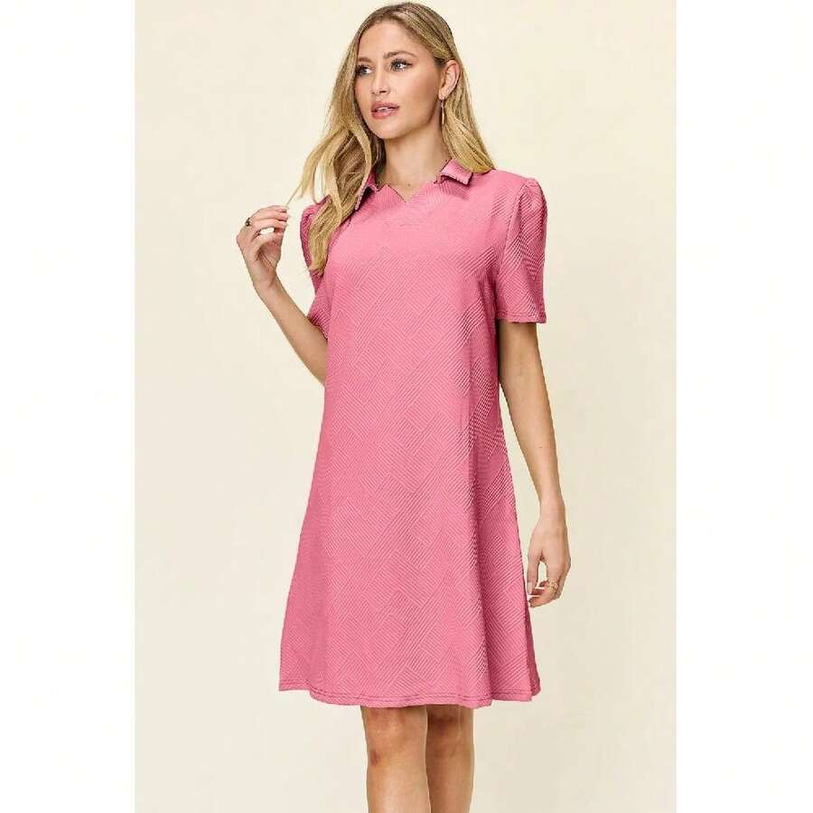 Double Take Full Size Texture Collared Neck Short Sleeve Dress - Hồng - Xem 1