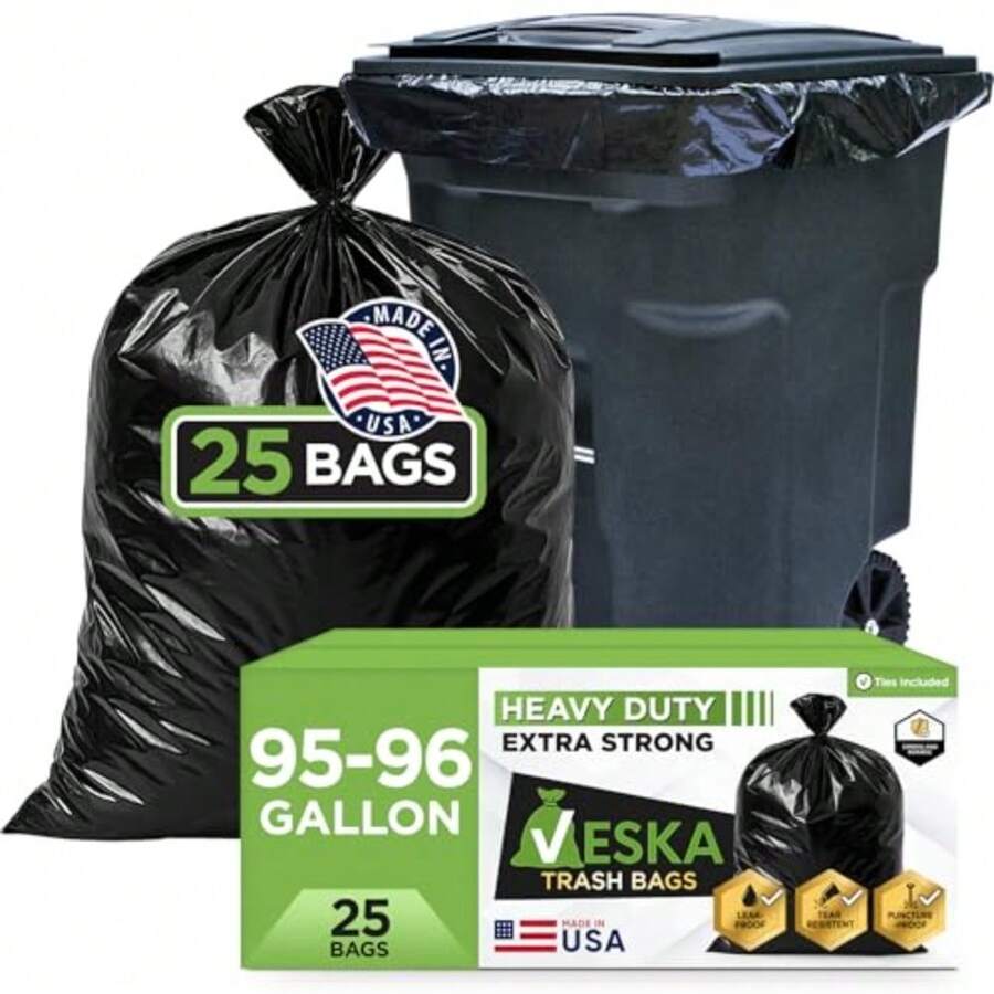 95-96 Gallon Trash Bags Heavy Duty ValuePack 25 Bags w/Ties 100 Gallon Extra Large Trash Bags 90 Gallon 95 Gallon 96 Gallon Heavy Duty Big Garbage Bags - Negro - Ver 1