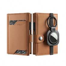 VULKIT Airtag - Portatarjetas de crédito para hombres con bloqueo RFID con ventana de identificación cartera desplegable con llavero extraíble para AirTag 10.7 x 7.5 x 3cm Minimalista - Auténtico cuero marrón - Ver 1