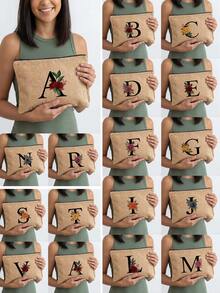 1pc A-Z Letter & Floral Print Cosmetic Bag, Lightweight Travel Toiletry Organizer - Multicolor - View 3