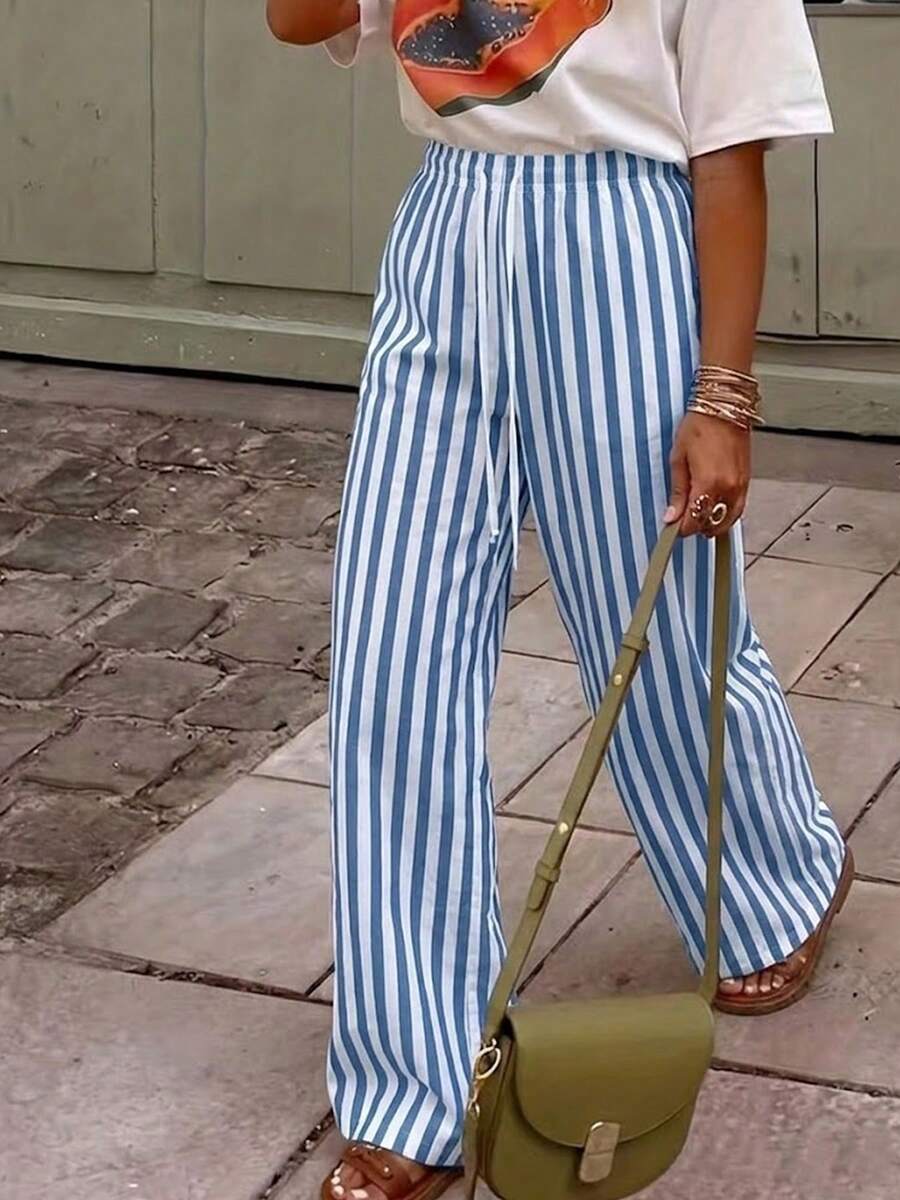 Quần ống rộng kẻ sọc hồng phong cách Boho cho nữ, nhẹ nhàng, thoải mái, thích hợp mặc đi biển vào mùa hè, kích cỡ tiêu chuẩn của Mỹ nhưng được thiết kế nhỏ hơn một chút, quần kẻ sọc nhẹ mùa hè cho nữ, cạp chun cao, ống rộng thoáng mát, dáng rộng thoải mái, quần kẻ sọc dọc màu hồng cho nữ, nhẹ, cạp cao, phong cách Boho, ống rộng, thích hợp đi biển vào mùa hè. - Xanh và trắng - Xem 1