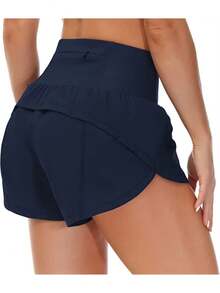Womens High Waisted Running Shorts Quick Dry Athletic Workout Shorts With Mesh Liner Zipper Pockets - Navy Blue - View 1