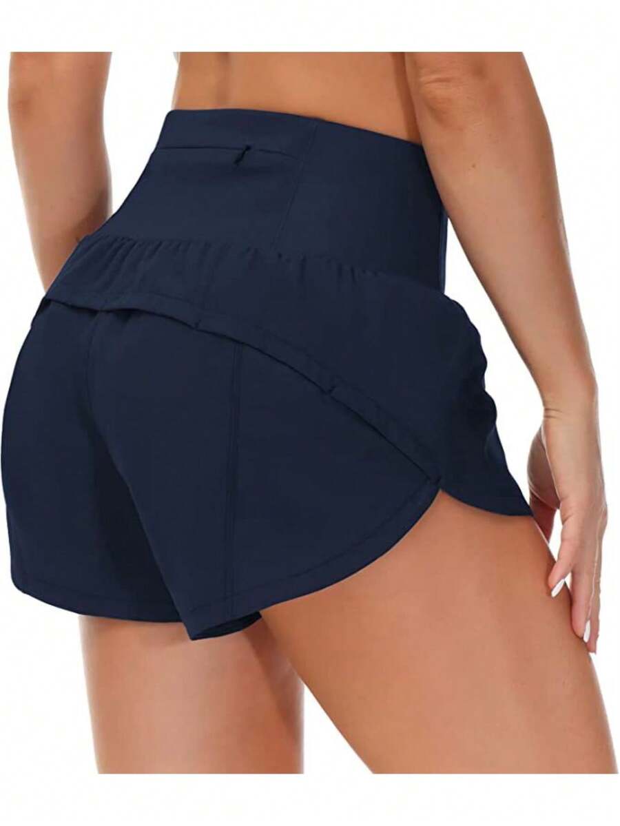 Womens High Waisted Running Shorts Quick Dry Athletic Workout Shorts With Mesh Liner Zipper Pockets - Navy Blue - View 1