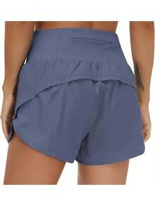 Womens High Waisted Running Shorts Quick Dry Athletic Workout Shorts With Mesh Liner Zipper Pockets - 藍灰色 - 查看 1
