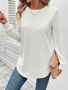 Spring Collection Women's Checked Knitted Rounded-Edge Lightweight Long-Sleeved Top, Round-Neck Relaxed Style Casual Shirt, Casual Sporty Style Daily Commuting Casual Wear, Street Fashion Light Sportswear, Multi-Color Knitted Pullover Available For Spring And Summer Seasons - 白色 - 查看 3