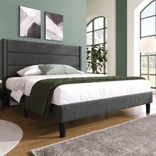 Upholstered Bed 140 X 200 Cm, Bed Frame With Slatted Base And Headboard, Upholstered Double Bed, Linen Fabric Cover In Dark Grey, Timeless Modern Design, Youth Bed - Dark Grey - View 1