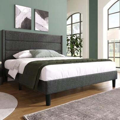 Upholstered Bed 140 X 200 Cm, Bed Frame With Slatted Base And Headboard, Upholstered Double Bed, Linen Fabric Cover In Dark Grey, Timeless Modern Design, Youth Bed