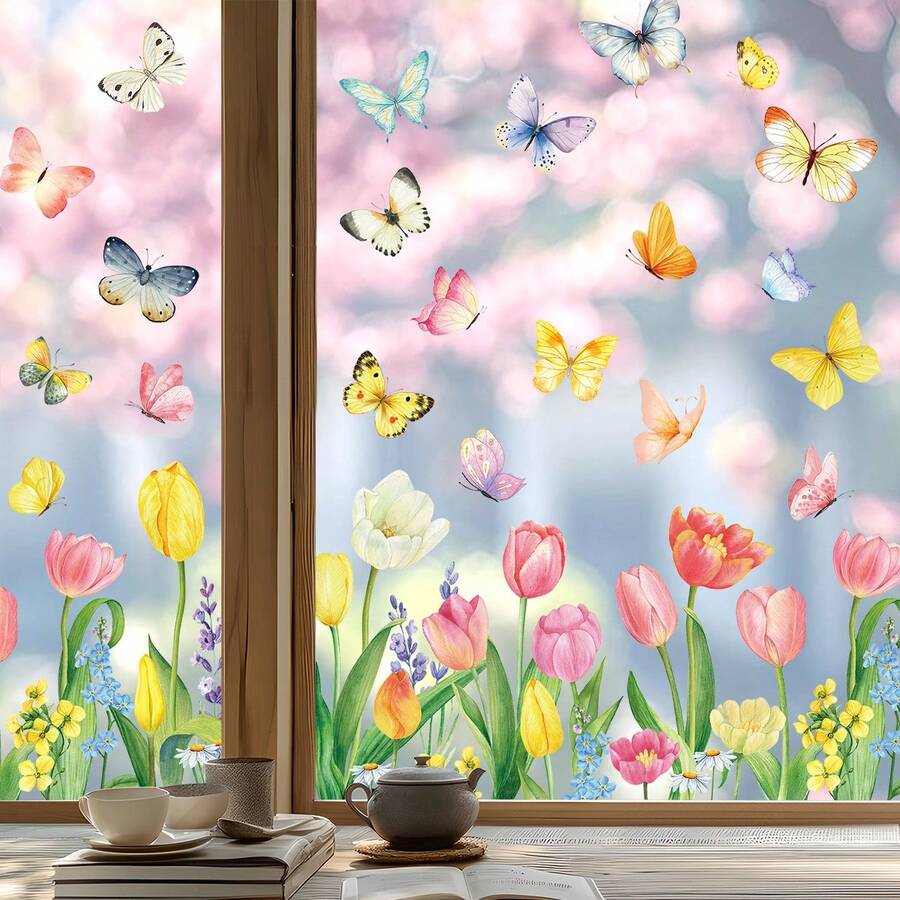 9pcs Watercolor Tulip & Butterfly Window Clings - Spring Floral Removable Glass Stickers, Reusable No Residue, Bird Strike Prevention, Suitable For Home, Kitchen, Bedroom, Living Room And Office Decor - Multicolor - View 1