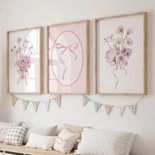 3 peças Impressão em Tela de Arte de Parede Floral com Laço Rosa Fofo sem Moldura, Decoração Minimalista e Estética para Quarto de Meninas, Quarto Infantil, Sala de Jogos, Quarto, Casa Moderna - Multicolorido - Visão 1