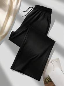 Quần ống rộng nữ kiểu dáng thường ngày, có túi, chất liệu thoáng khí, co giãn tốt, cạp chun, màu đen thể thao mùa xuân. - màu đen - Xem 6