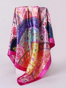 1pc 90cm Fashionable Printed Scarf, Faux Silk Neckerchief, Versatile Headband, Gift - Multicolor - View 10