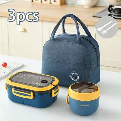 3pcs Portable Large Capacity Lunch Bag+Lunch Box+Breakfast Cup, Large Capacity Student Lunch Box, Foldable Aluminum Foil Tote Bag, Back To School Student Handbag, Portable Design, Suitable For Travel, Picnic, Work, Microwave
