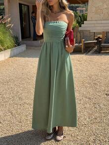 PoPoHouse Women's Elegant Maxi Dress Sexy Backless Strapless Ruched Bodice Flowy Maxi Dress Daily Casual Summer Beach Vacation Party Going Out Outfit Green Dress - Green - View 7