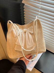 Túi tote dệt thắt nơ dễ thương, túi đeo vai bằng rơm nữ tính, túi đựng đồ lớn, túi gấp gọn đa năng thích hợp cho kỳ nghỉ hè, đi biển, đi làm. - trắng - Xem 10