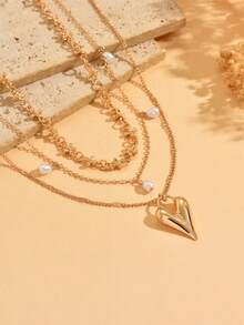 3pcs/Set Minimalist Multi-Layer Gold Chain Necklace Set, Fashionable Faux Pearl Tassel Pendant Necklace, Versatile For Daily Wear And Party - Gold - View 3