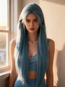 28 Inch U-Part Lace Front Blue Long Straight Center Parting Synthetic Wig, Suitable For Holidays, Parties Or Cosplay - Dusty Blue - View 3