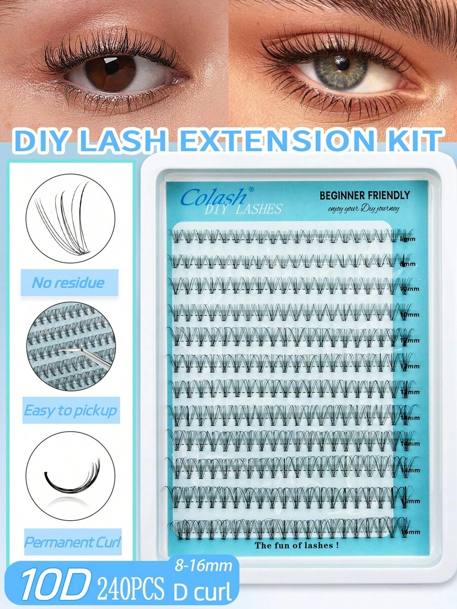 Colash 240pcs Eyelash Clusters, 10D DIY Eyelash Extension, Faux Mink Fake Eyelashes - Premium D Curl Lash Fluffy Natural Thick Individual Lash Clusters, Suitable For DIY Eyelash Extension - Reusable, Lightweight And Easy To Wear, Suitable For Travel, Daily Wear (Suitable For Beginners), Weddings, Dates, Parties, Holidays, Also Makes A Great/Lash Tech Supplies - D - View 1