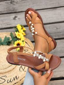 女士多功能串珠防滑平底鞋，户外舒适帆布罗马凉鞋，波西米亚风露趾平底凉鞋，夏季休闲度假沙滩凉鞋 - 棕色 - 查看 4