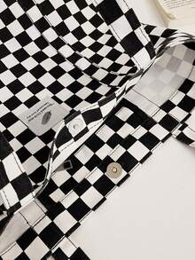 1个格子帆布手提包，大容量单肩包，带内袋，女士日常休闲格子手提包 - 黑與白 - 查看 8