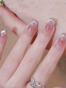 24片短款极光渐变猫眼美甲贴纸，包含1瓶美甲胶水和1个指甲锉，按压式美甲贴纸，美甲用品 - 駝色 - 查看 1