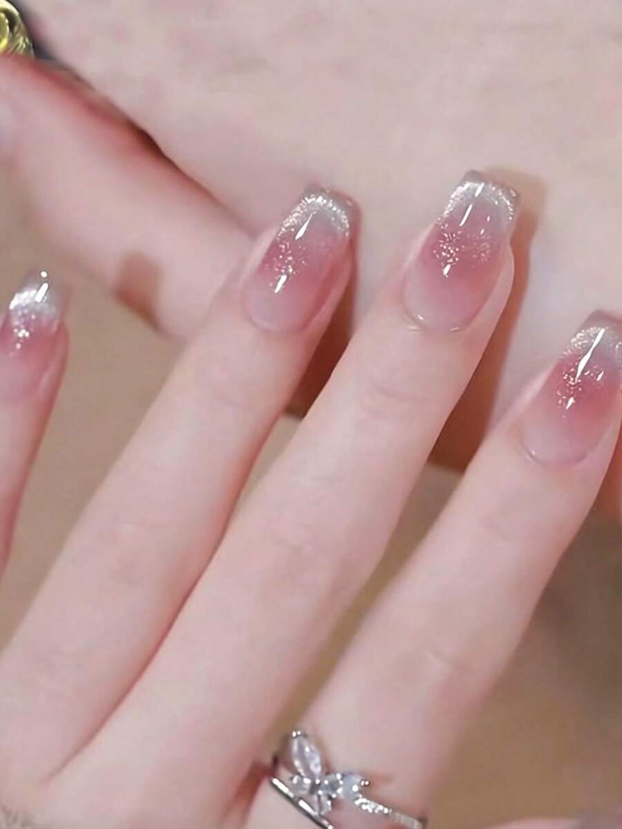 24片短款极光渐变猫眼美甲贴纸，包含1瓶美甲胶水和1个指甲锉，按压式美甲贴纸，美甲用品 - 駝色 - 查看 1