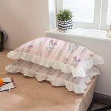 2pcs Set Floral Ruffle Trim Solid Color Pillowcase, Breathable Soft Skin-Friendly Washable, Lotus Flower Pattern, Suitable For All Seasons, Minimalist Sweet Style For Student Dorm, Bedroom, Hotel Bedding, White - Baby Pink - View 8
