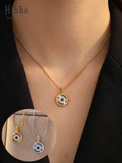 Hihho 1件新款时尚女士吊坠项链，镶嵌闪亮锆石眼睛设计，精致优雅的创意风格，适合日常佩戴，送给她的礼物