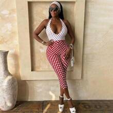 Fashionable Casual Stylish New Women's Wear Simple Creative Tight Sexy Black And White Polka Dot Jumpsuit - 紅色 - 查看 3