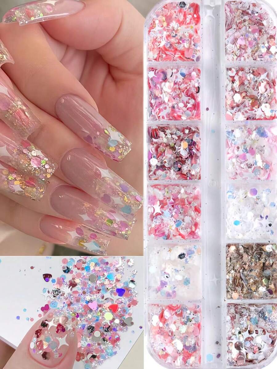 Bộ 12 khuôn trang trí móng tay, chất liệu nhựa và kim tuyến, phong cách nữ tính màu hồng, hình trái tim dễ thương, hình ngôi sao năm cánh, hình chữ nhật, tự làm đồ trang trí móng tay, đồ thủ công, dụng cụ làm móng.