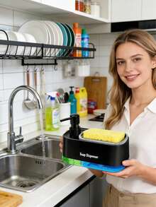 厨房水槽三合一皂液器套装 | 洗洁精/洗手液泵，带海绵架 | 节省空间，时尚黑色” - 皂液盒 - 查看 2