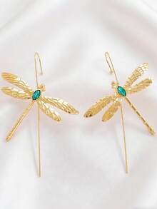 1 Coppia di orecchini a forma di libellula in rame con texture di design originale punk, orecchino a polsino in stile retrò di lusso a forma di insetto per donna, accessori gioielleria - Oro e verde - Visualizzare 3