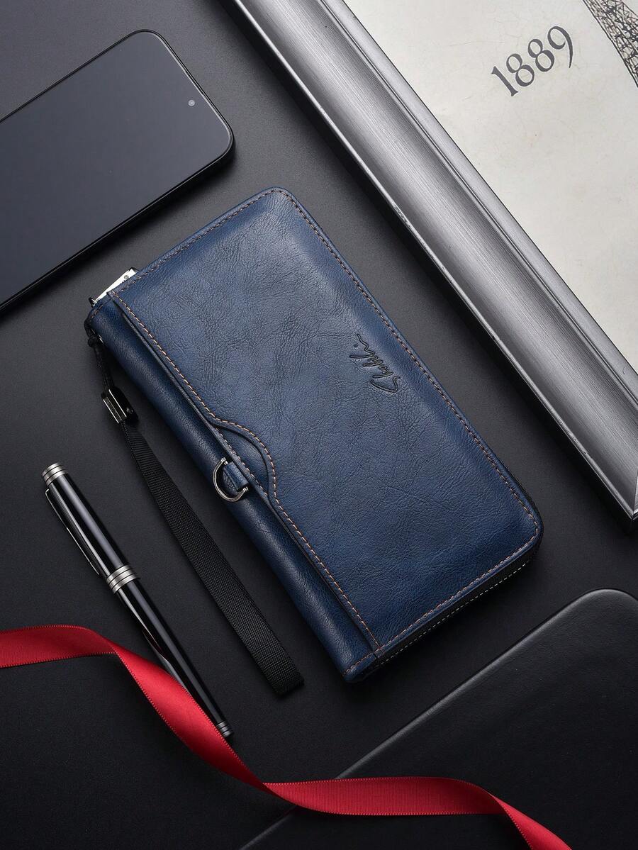 SHABILI 1pc Solid Color PU Leather Large Capacity Zipper Wallet, Business Clutch Bag, Phone Pouch For Men, Commuting & Daily Use Wallet Purse Wallet Long Wallet Wristlet Wallet Travel Essential Summer Money Wallet
