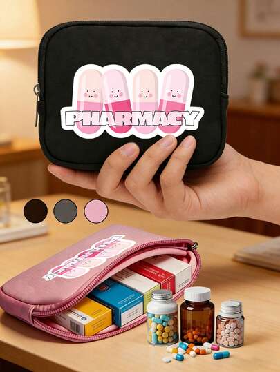 Travel Medical Bag, Printed With "Pharmacy" And Cartoon Pill Pattern, Portable Camping Medicine Bag, Compact First Aid Kit, Travel And Home Portable Storage Bag Version, Small Medicine Bag, Convenient Medicine Bag, Multiple Colors To Choose From, Suitable For Daily/Outdoor/Travel, Essential Medical Accessories For Health Conscious And Anytime, Anywhere Users, Suitable For Elderly Daily Medicine Storage, Intimate Gifts For Mother's Day, Parental Care, Family Gifts