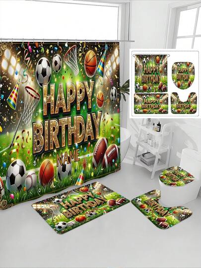 1/4pcs Sports Theme Football Field Birthday Celebration Pattern Waterproof Bathroom Curtain Set, Tranquil & Healing, Waterproof & Mildew Proof, Thick Polyester, No Drilling Installation, Anti-Slip Mat, Absorbent Toilet Mat, Digital Printing, Fade Resistant, Machine Washable, All Season, Holiday Limited Edition
