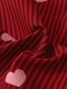 2pcs Women's Comfortable Red Striped Heart Print Short Sleeve Collared Top And Bow Shorts Pajama Set, Spring/Summer - Red - View 8