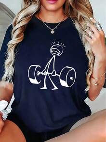 Funny Stick Figure Deadlift Graphic Cotton Tee Women Gym Workout Crew Neck Short Sleeve Loose Fit Black Humorous Fitness Casual Daily Top - 寶藍色 - 查看 1