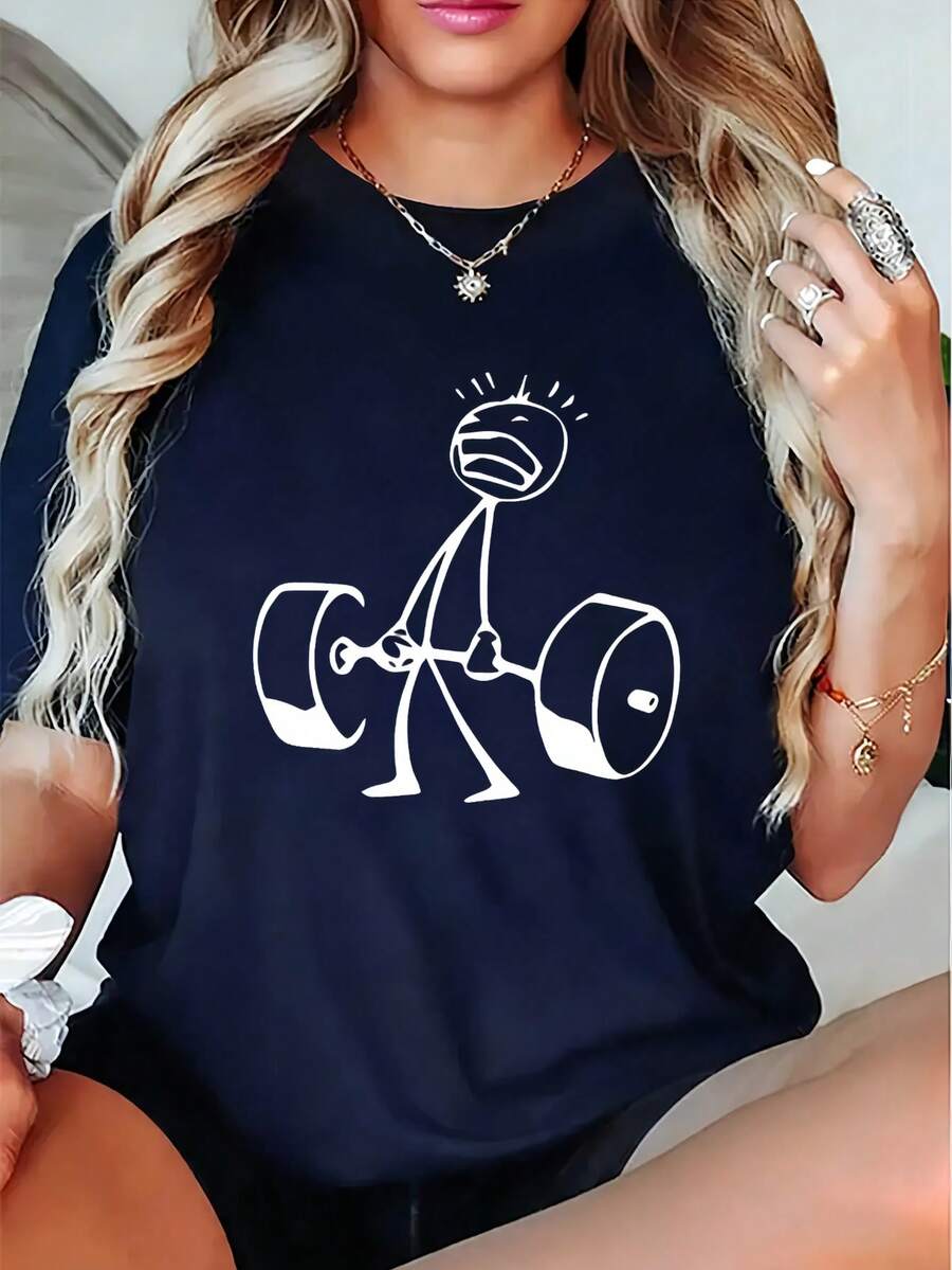 Funny Stick Figure Deadlift Graphic Cotton Tee Women Gym Workout Crew Neck Short Sleeve Loose Fit Black Humorous Fitness Casual Daily Top - 寶藍色 - 查看 1