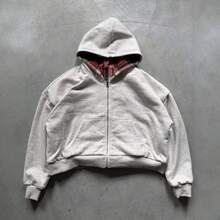 Two-In-One! Vintage Reversible Hooded Sweatshirt With Red Plaid Zipper Pullover, Unisex Casual Fall/Winter Oversized Jacket - Đỏ - Xem 4